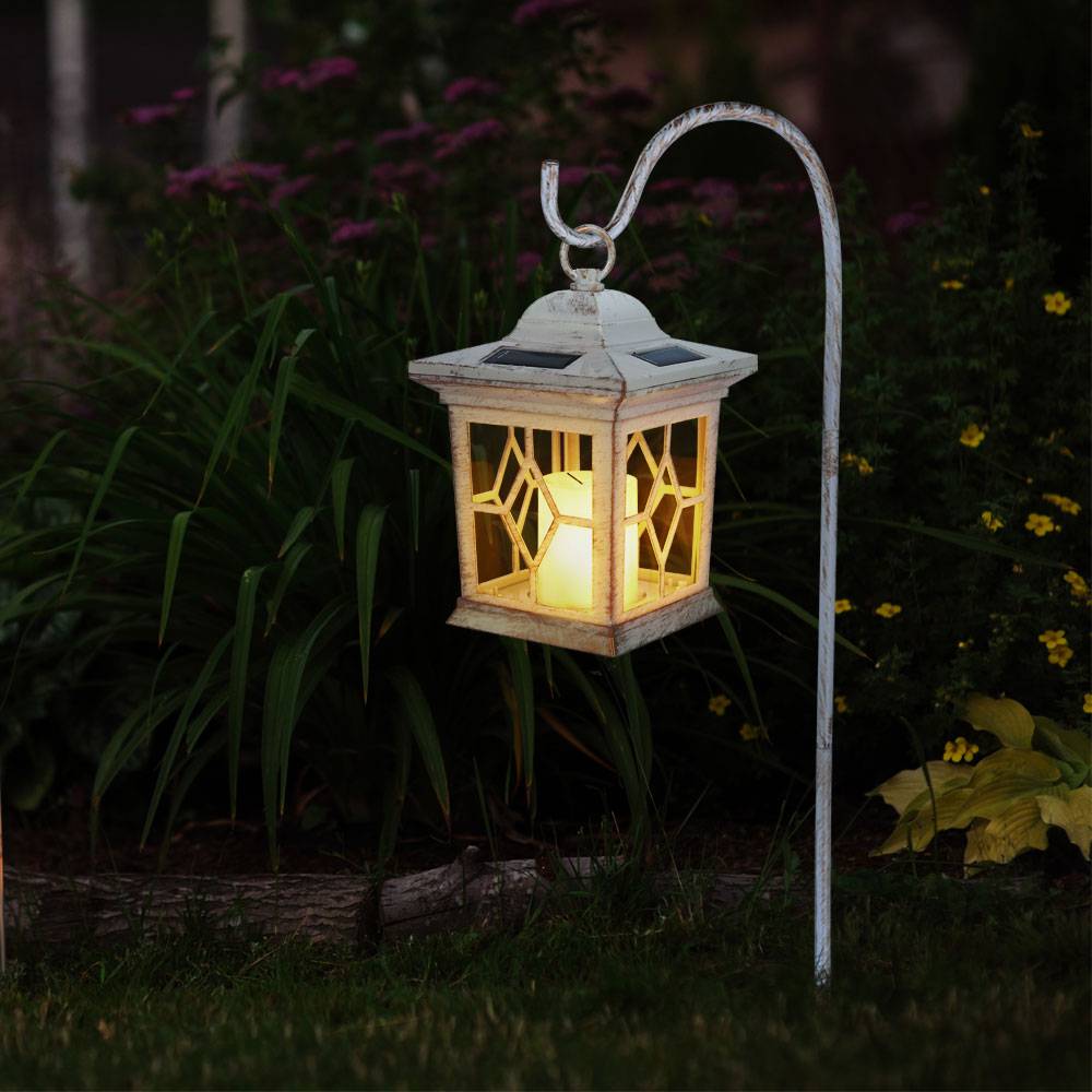 Solarlampe Steckleuchte Erdspieß Solarlampen Garten Flackerlicht Solar Außen Steckleuchten im Laternen Design, Metall weiß, 1x LED, LxBxH 21x14,3x3