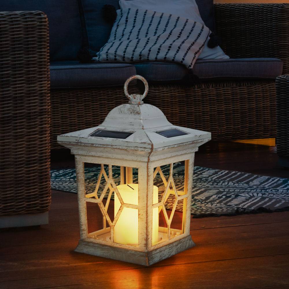 Solarlampe Steckleuchte Erdspieß Solarlampen Garten Flackerlicht Solar Außen Steckleuchten im Laternen Design, Metall weiß, 1x LED, LxBxH 21x14,3x3