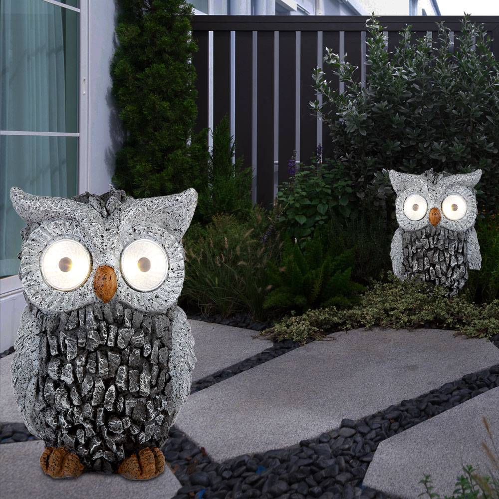 Solar Eule Gartenskulptur für Außen Gartendeko Figur Skulptur grau Akku, Kunststoff, 2x LED 3000K, LxBxH 13,5x11,5x19,5 cm, 2er Set