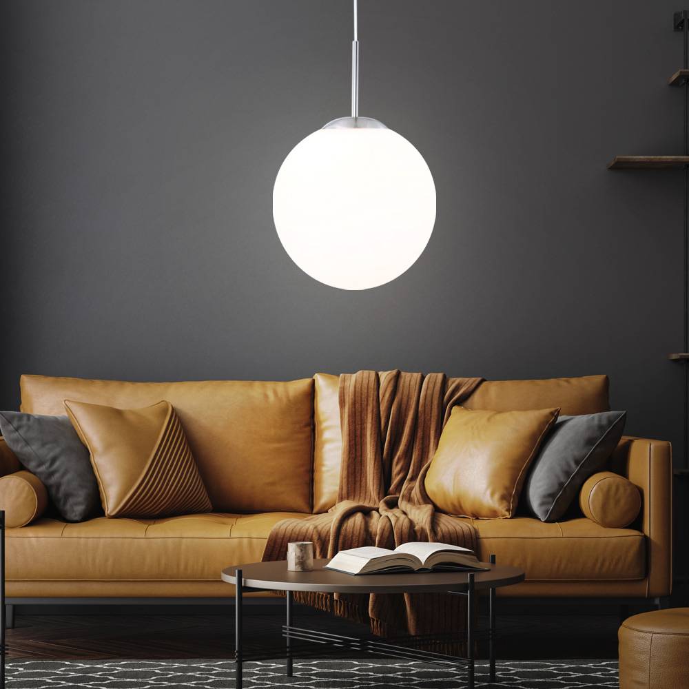 Pendellampe Pendelleuchte Kugelleuchte Hängeleuchte Esstischlampe Wohnzimmer, Metall Glas satiniert opal nickel, 1x E27 Fassung, DxH 30x180 cm