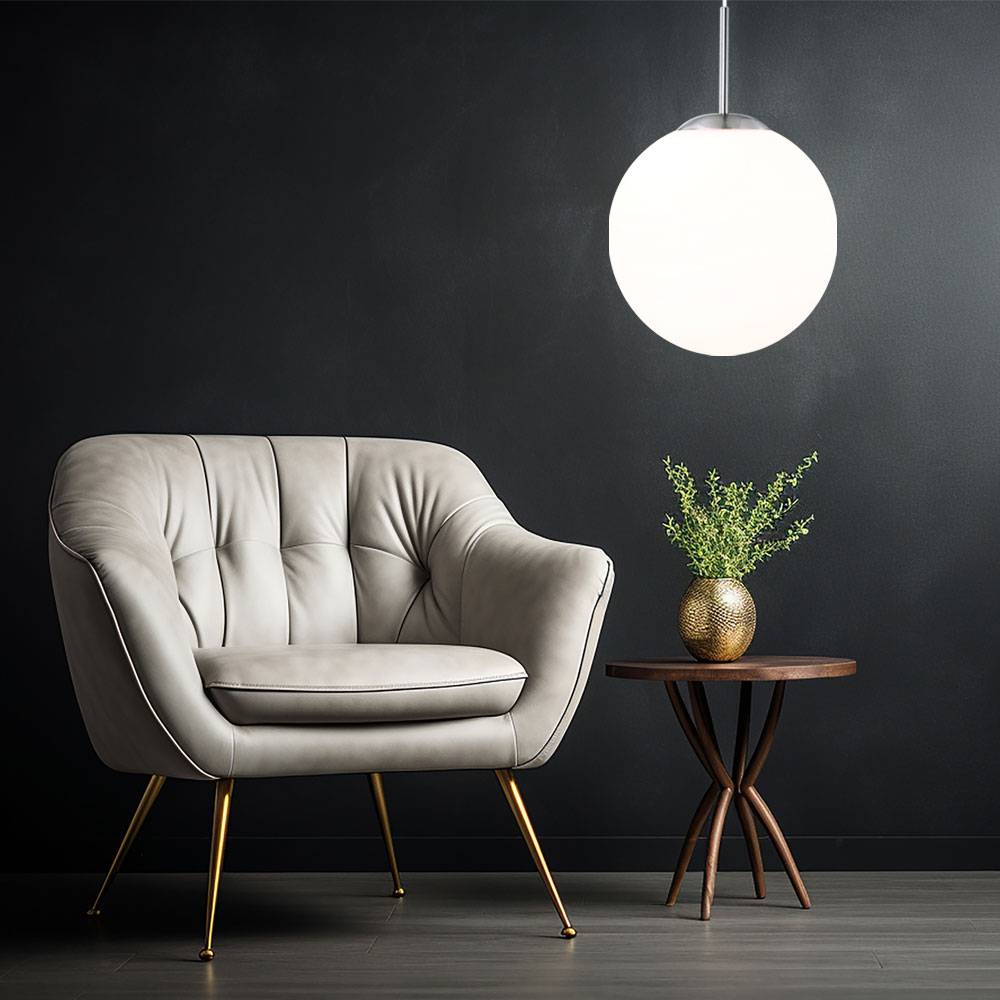 Pendellampe Pendelleuchte Kugelleuchte Hängeleuchte Esstischlampe Wohnzimmer, Metall Glas satiniert opal nickel, 1x E27 Fassung, DxH 30x180 cm