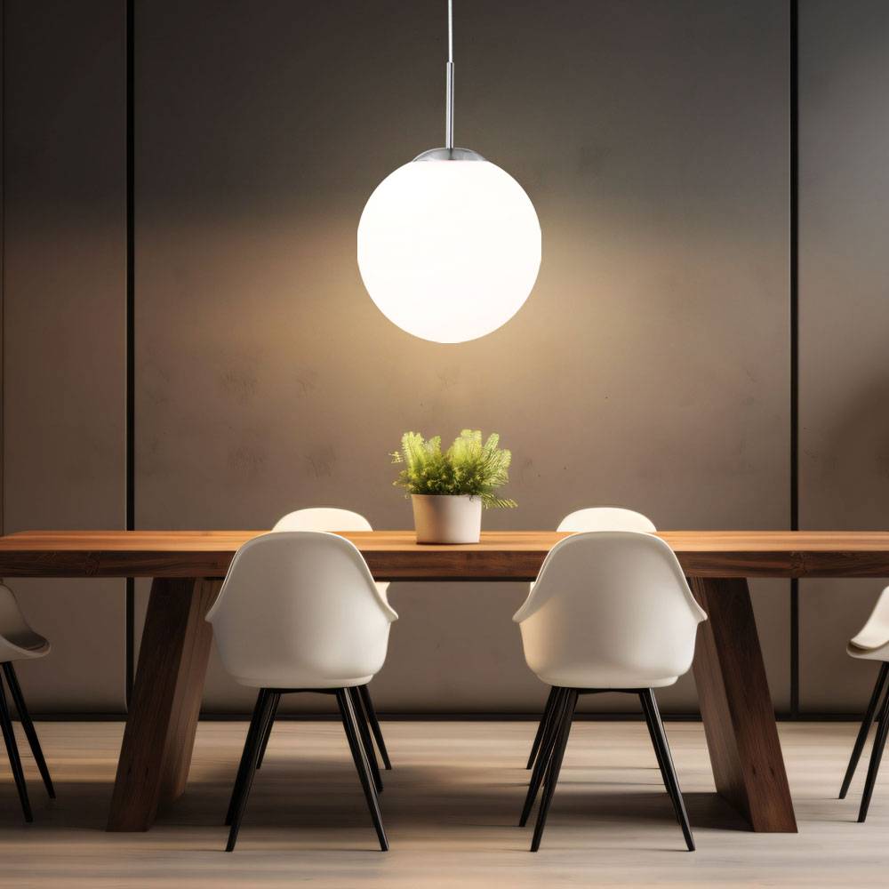 Kugelleuchte Pendellampe Pendelleuchte Hängeleuchte Esstischlampe Wohnzimmer, Metall Glas satiniert opal nickel, 1x E27 Fassung, DxH 30x180 cm