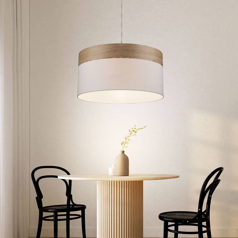 Hängeleuchte Wohnzimmer Pendelleuchte Esstischlampe Küchenleuchte Holzoptik, Textil weiß, 1x E27, DxH 40x120 cm