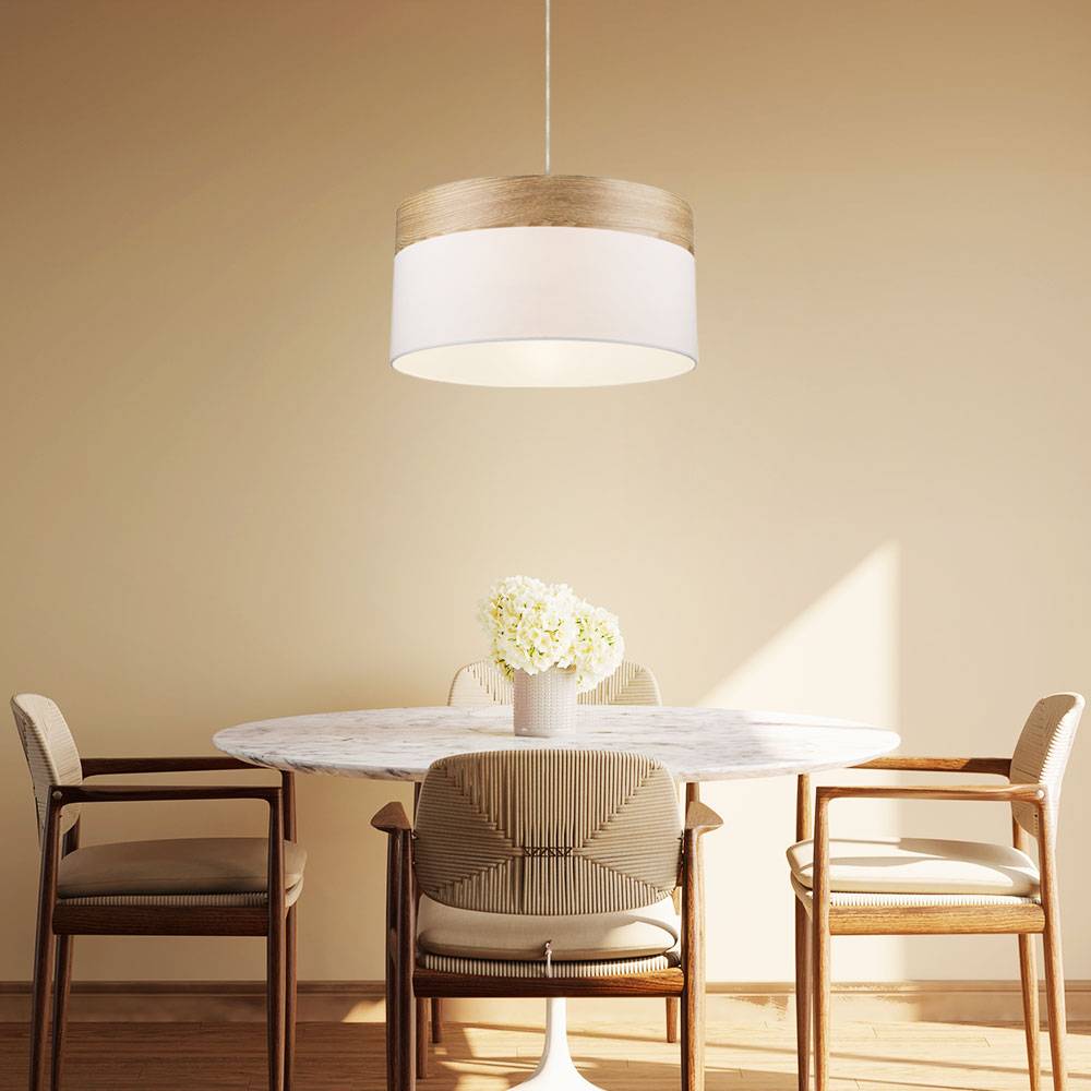 Hängeleuchte Wohnzimmer Pendelleuchte Esstischlampe Küchenleuchte Holzoptik, Textil weiß, 1x E27, DxH 40x120 cm