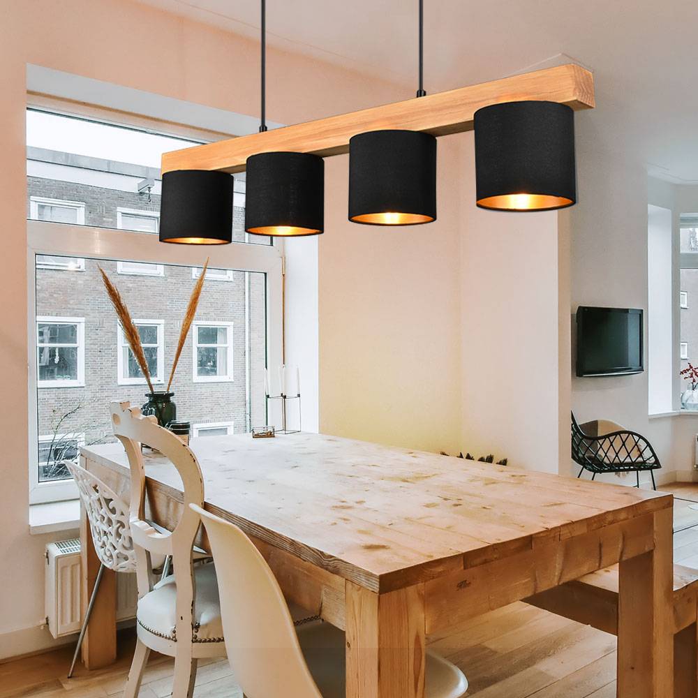Pendelleuchte Hängelampe Holzleuchte Pendellampe Hängeleuchte Esszimmerlampe Esszimmer, höhenverstellbar 4 flammig, Naturholz Stoff schwarz gold,