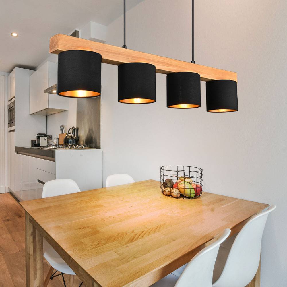 Pendelleuchte Hängelampe Holzleuchte Pendellampe Hängeleuchte Esszimmerlampe Esszimmer, höhenverstellbar 4 flammig, Naturholz Stoff schwarz gold,