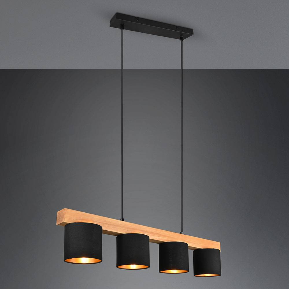 Pendelleuchte Hängelampe Holzleuchte Pendellampe Hängeleuchte Esszimmerlampe Esszimmer, höhenverstellbar 4 flammig, Naturholz Stoff schwarz gold,