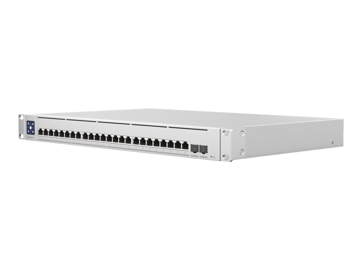 Vorderansicht eines 24-Port-Ethernet-Netzwerk-Switches in einem silbernen Rack-Mount-Gehäuse auf weißem Hintergrund.