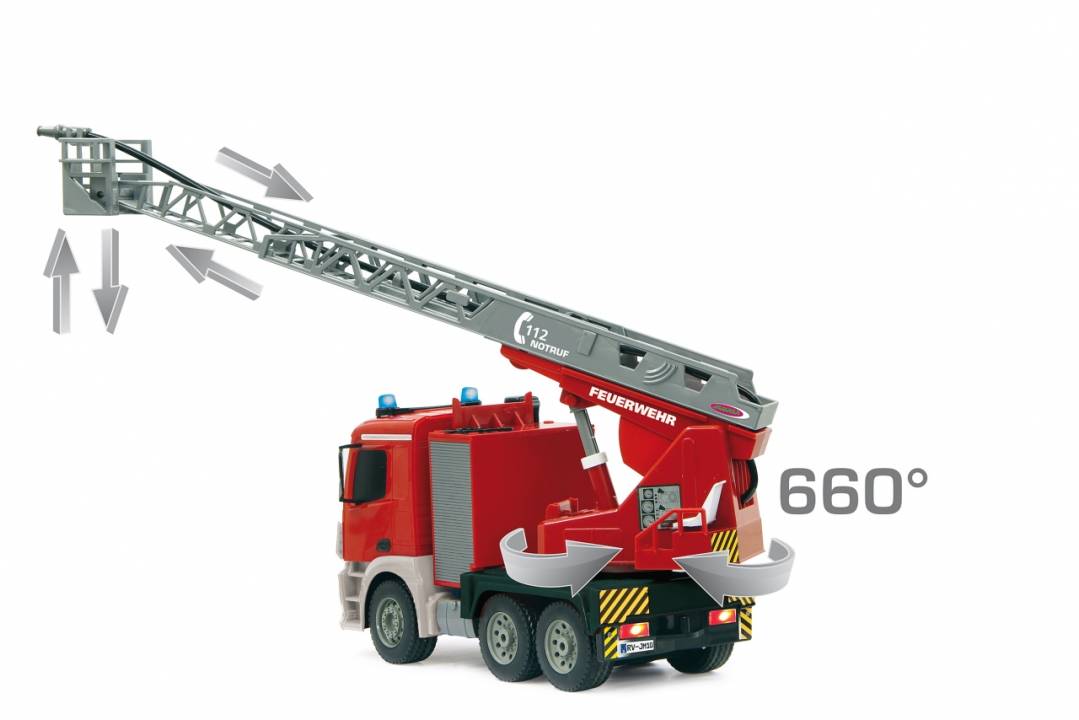 Roter Feuerwehrwagen mit ausgefahrener Leiter und Plattform; Pfeile und „660°
