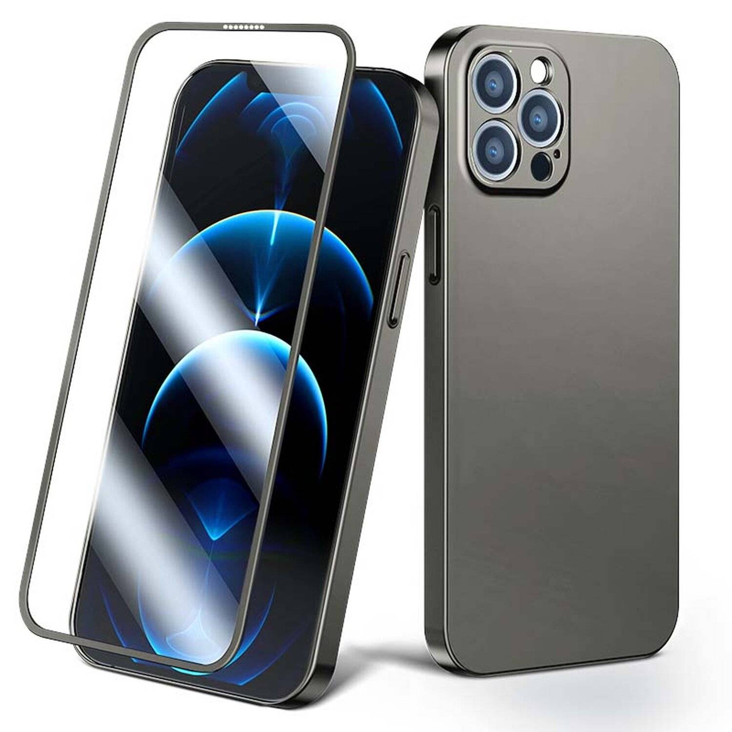 360° Full Case Cover Handy-Hülle Schutz Vorne + Rückseite + Schutzglas Displayschutz für iPhone 13 Pro Max Grau