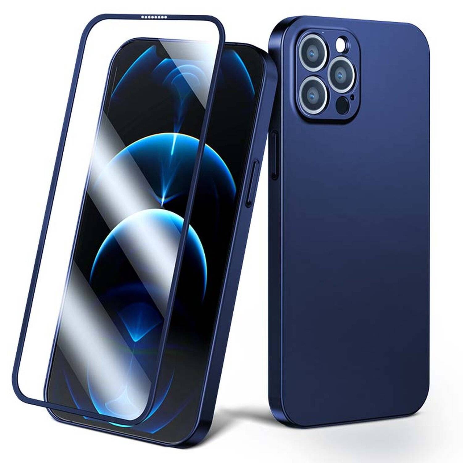 360° Full Case Cover Handy-Hülle Schutz Vorne + Rückseite + Schutzglas Displayschutz für iPhone 13 Pro Max Blau