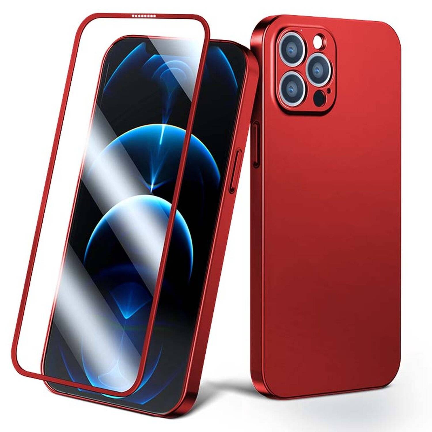 360° Full Case Cover Handy-Hülle Schutz Vorne + Rückseite + Schutzglas Displayschutz für iPhone 13 Pro Max Rot