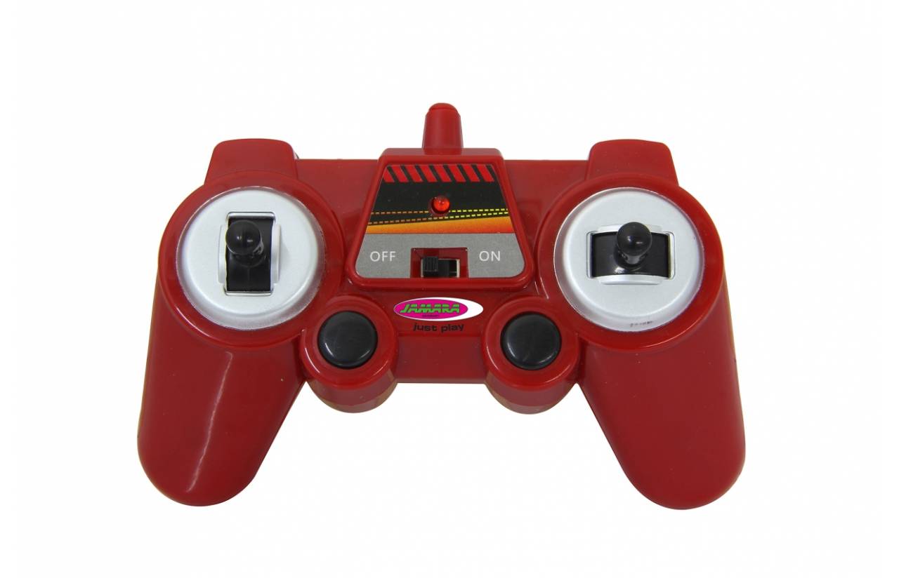 Roter tragbarer Spielzeug-Spielcontroller mit zwei schwarzen Joysticks und einem zentralen Ein-/Ausschalter auf weißem Hintergrund.