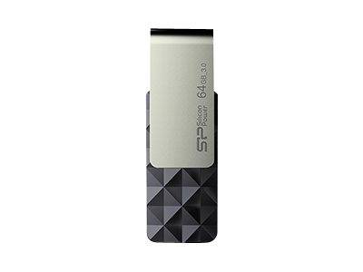Ein silberner und schwarzer USB-Stick mit geometrisch gemustertem Gehäuse, beschriftet mit „SP Silicon Power 64GB USB 3.0