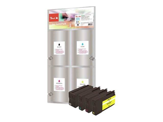 Packung mit vier Druckerpatronen in Schwarz, Cyan, Magenta und Gelb mit Einzelhandelsverpackung.