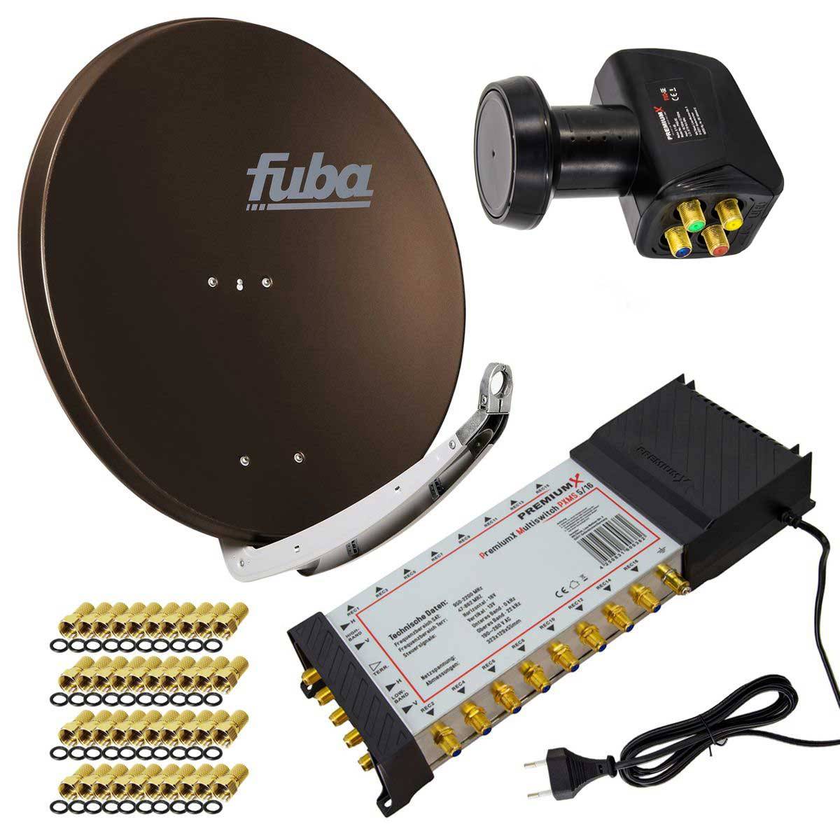 PremiumX Satelliten-Komplettanlage Fuba DAA 850 B Satellitenschüssel Alu Braun 5/16 Multischalter LNB F-Stecker, 1 SAT 16 Teilnehmer
