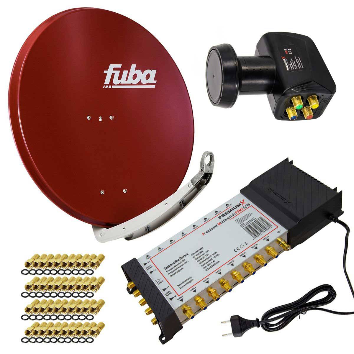 PremiumX Satelliten-Komplettanlage Fuba DAA 850 R Satellitenschüssel Alu Rot 5/16 Multischalter LNB F-Stecker, 1 SAT 16 Teilnehmer