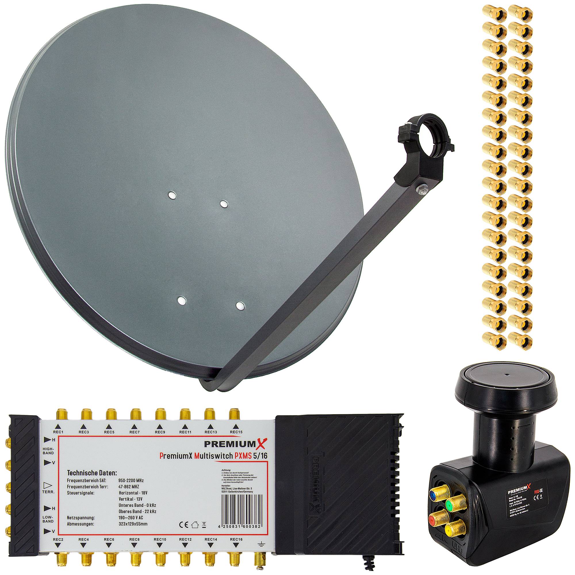 PremiumX Satelliten-Komplettanlage 80cm Satellitenschüssel Anthrazit 5/16 Multischalter Quattro LNB 40x F-Stecker, 1 SAT 16 Teilnehmer