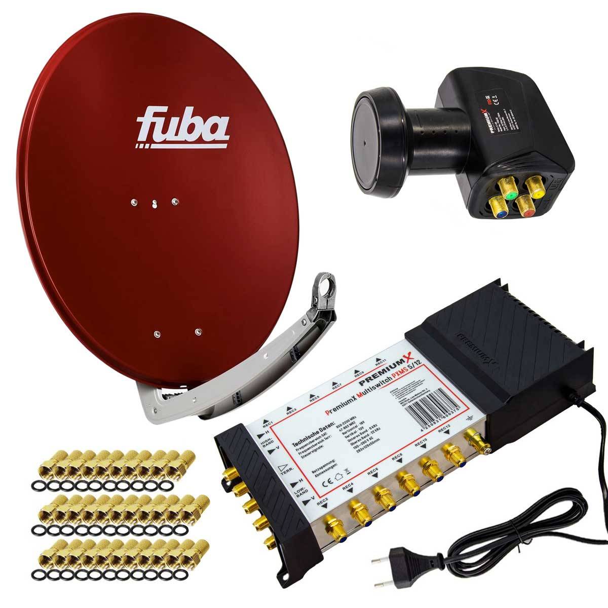 PremiumX Satelliten-Komplettanlage Fuba DAA 780 R Satellitenschüssel Alu Rot 5/12 Multischalter LNB F-Stecker, 1 SAT 12 Teilnehmer