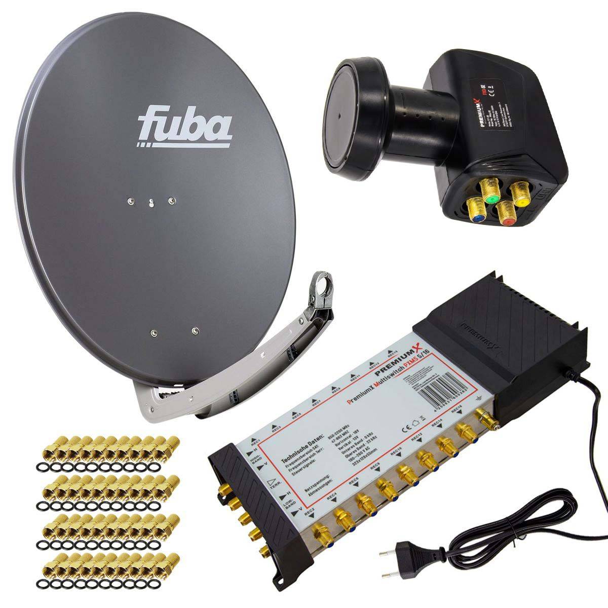 PremiumX Satelliten-Komplettanlage Fuba DAA 780 A Satellitenschüssel Alu Anthrazit 5/16 Multiswitch LNB F-Stecker, 1 SAT 16 Teilnehmer
