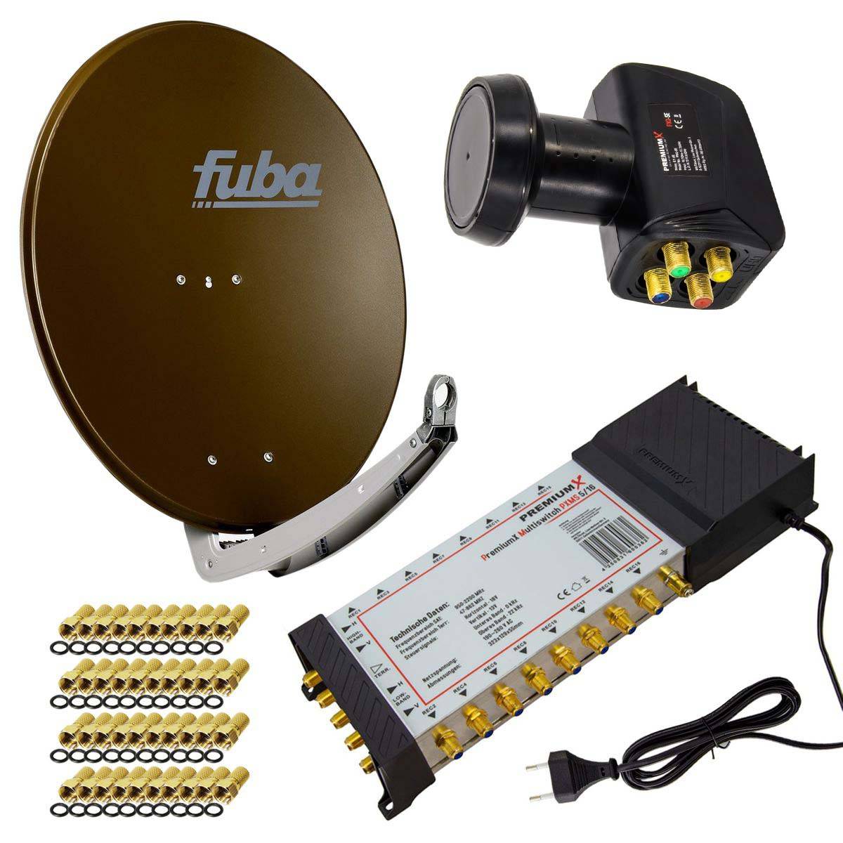 PremiumX Satelliten-Komplettanlage Fuba DAA 780 B Satellitenschüssel Alu Braun 5/16 Multischalter LNB F-Stecker, 1 SAT 16 Teilnehmer