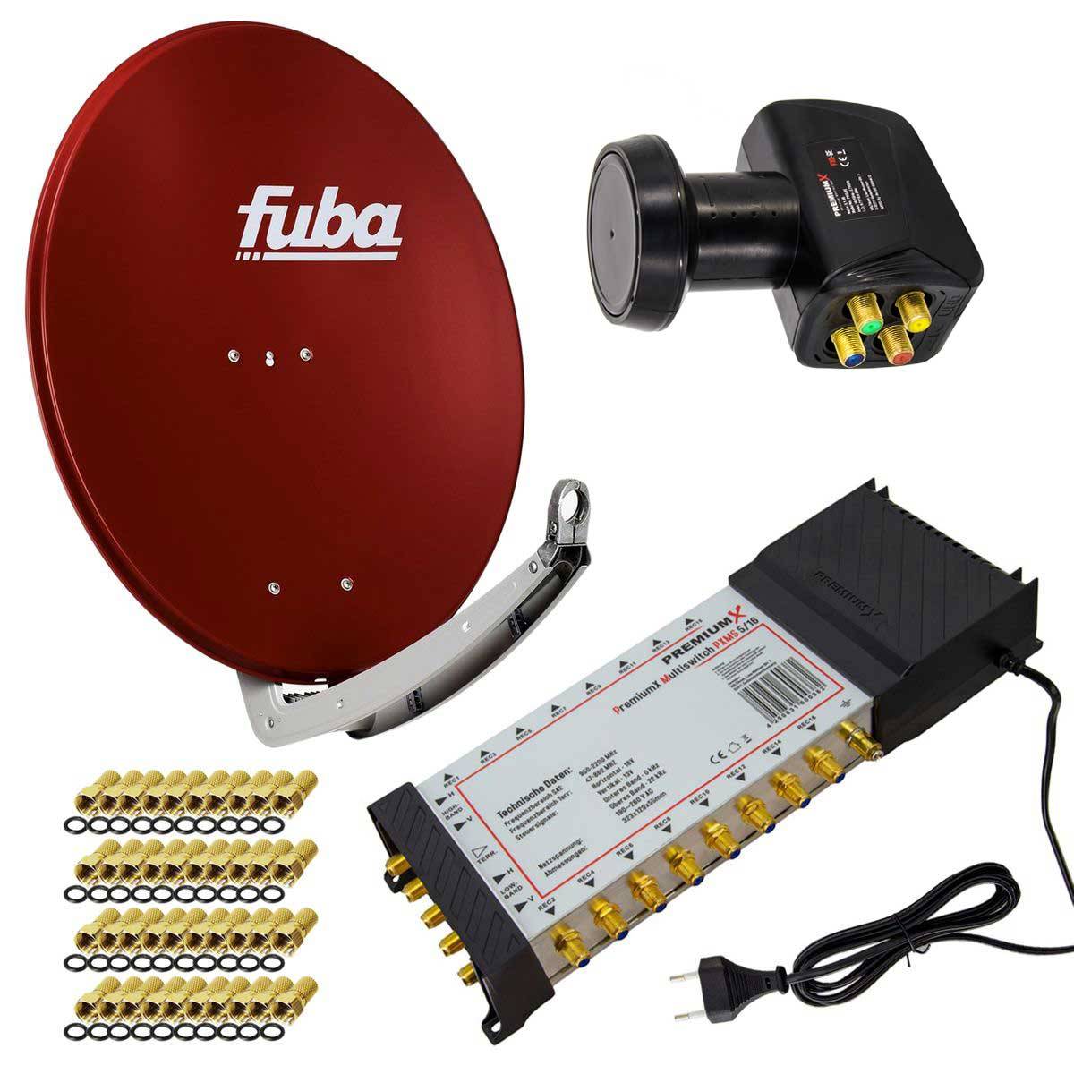 PremiumX Satelliten-Komplettanlage Fuba DAA 780 R Satellitenschüssel Alu Rot 5/16 Multischalter LNB F-Stecker, 1 SAT 16 Teilnehmer