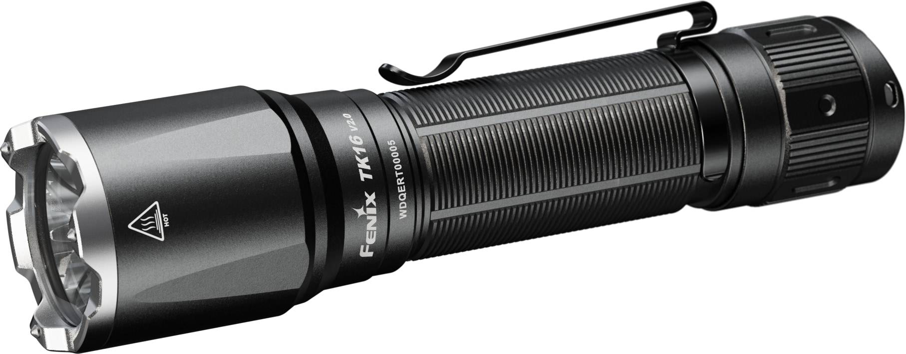 Black Fenix TK16 Taktische Taschenlampe mit großem strukturiertem Gehäuse und hellem Multi-LED-Kopf auf weißem Hintergrund