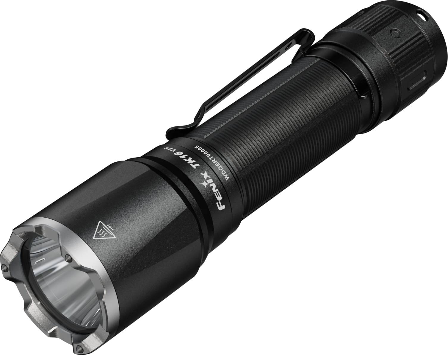 Schwarze Fenix Taktische Taschenlampe mit Clip und strukturiertem Griff auf weißem Hintergrund.