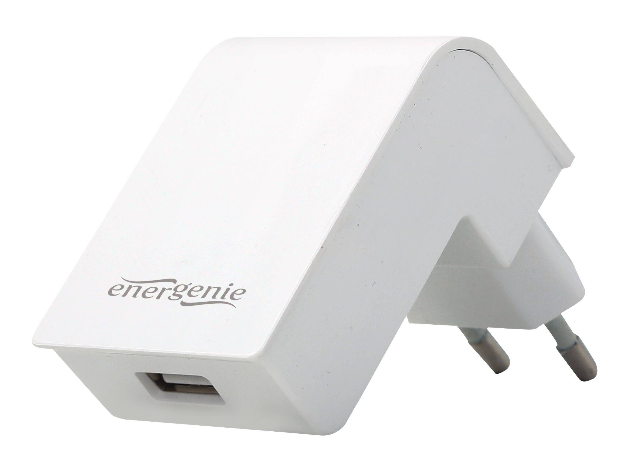 Weißes Energenie USB-Wandladegerät mit zweipoliger Steckdose und einem einzelnen USB-Anschluss an der Vorderseite.