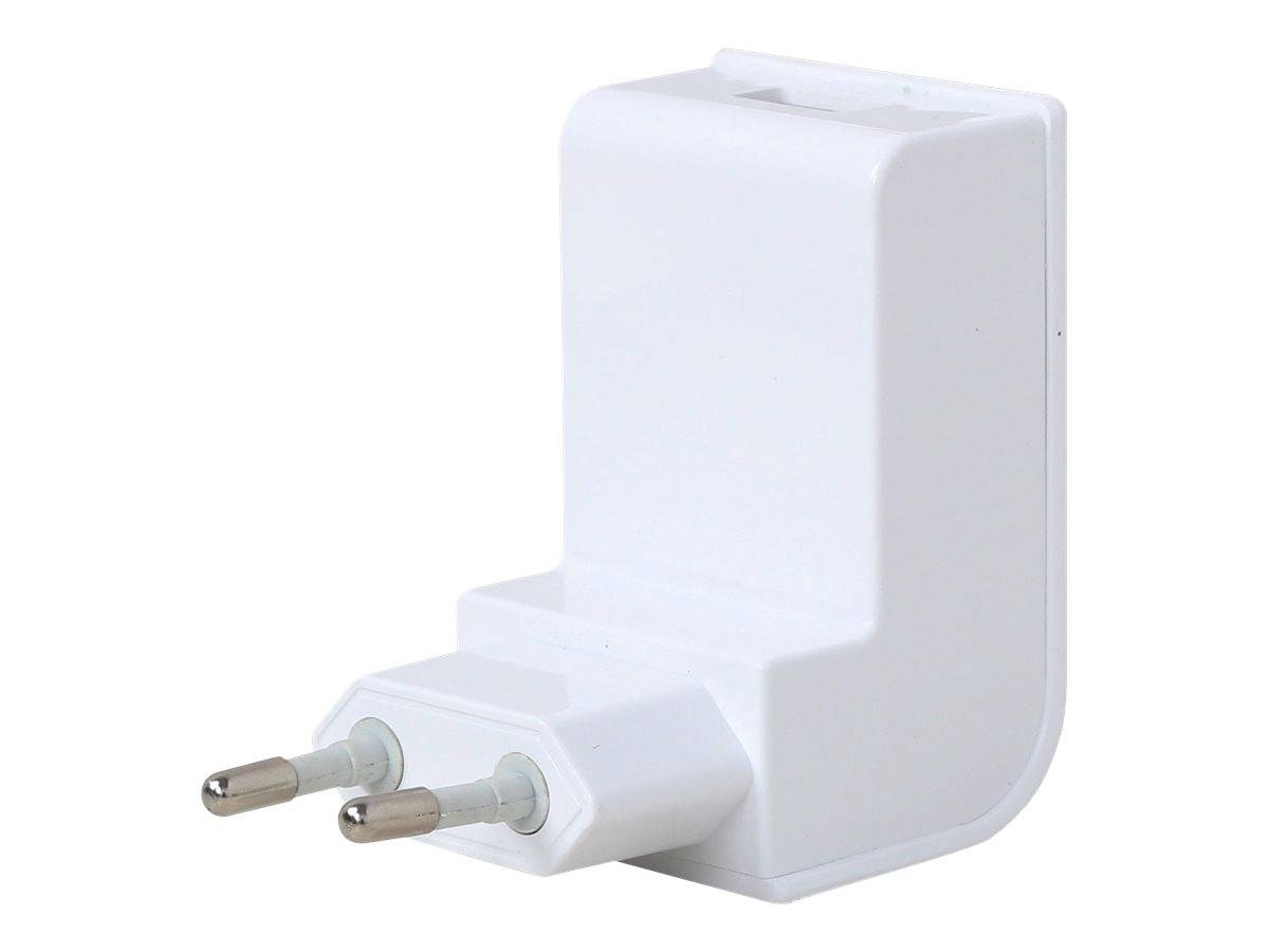 Weißer Stecker-Netzteil mit zwei runden Metallstiften, gezeigt auf einem einfachen Hintergrund.