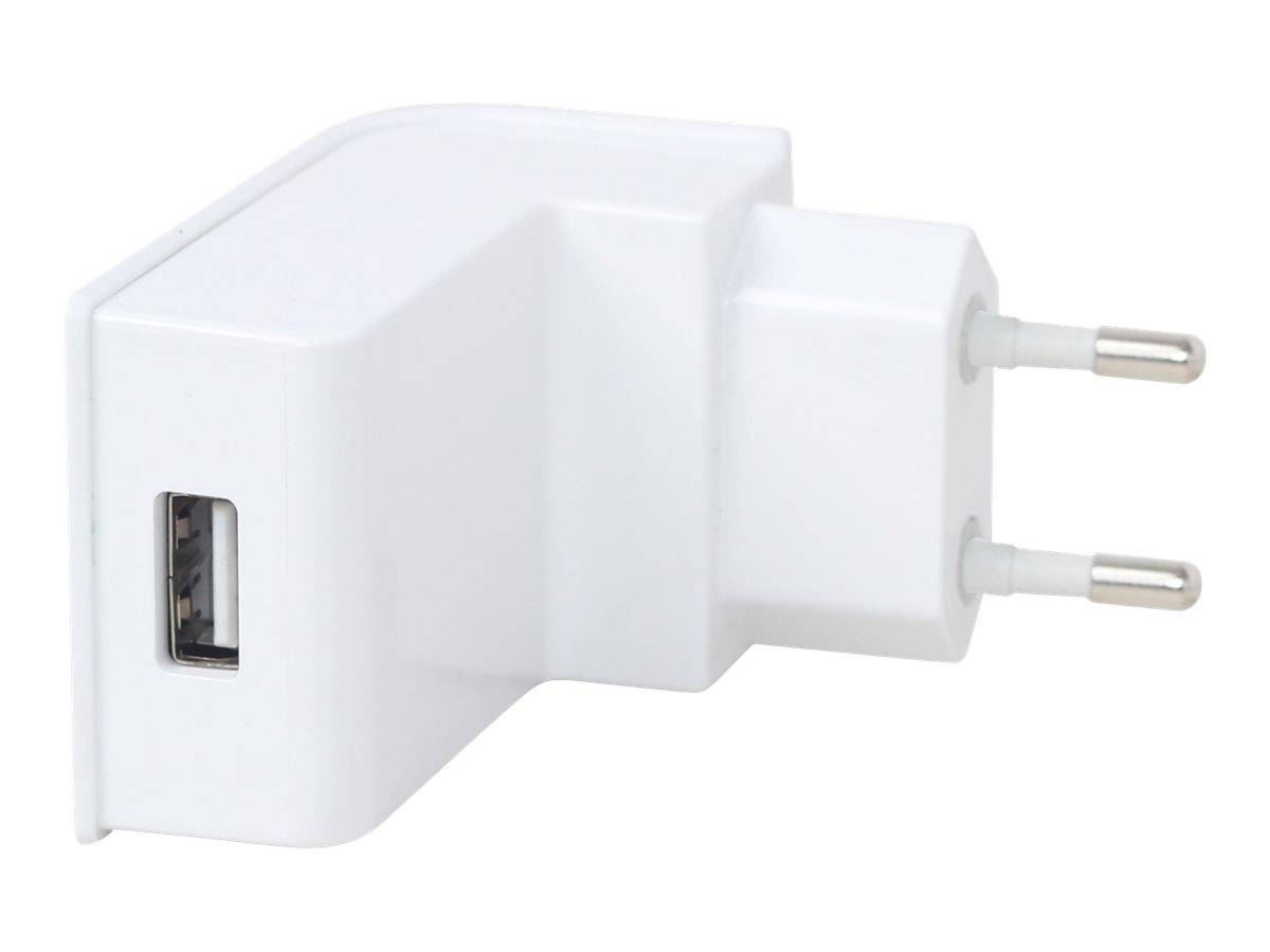 Weißer USB-Wandladegerätadapter mit europäischem Zweipolstecker und einem USB-Anschluss auf weißem Hintergrund.