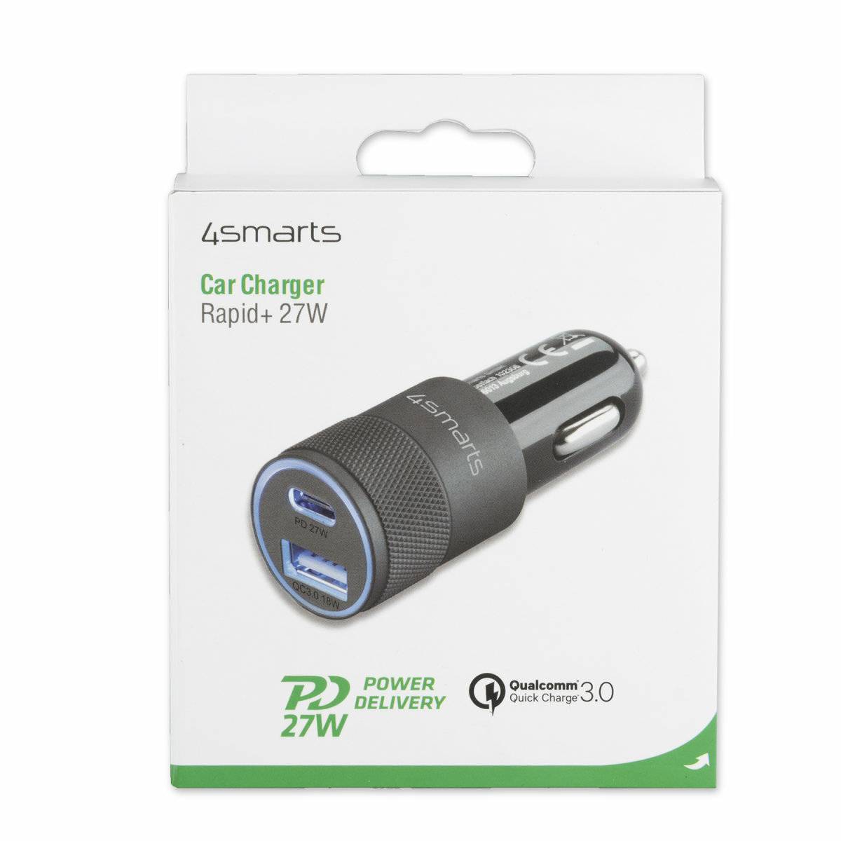 4smarts Rapid+ - Auto-Netzteil - 27 Watt - 3 A - PD, QC 3.0 - 2 Ausgabeanschlussstellen (USB, 24 pin USB-C)