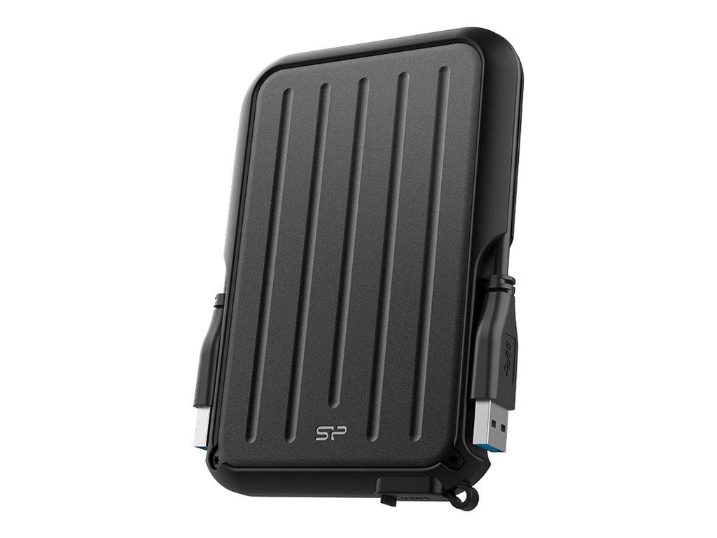 Schwarze robuste tragbare Festplatte mit integrierten USB-Anschlüssen, abgebildet vor weißem Hintergrund.