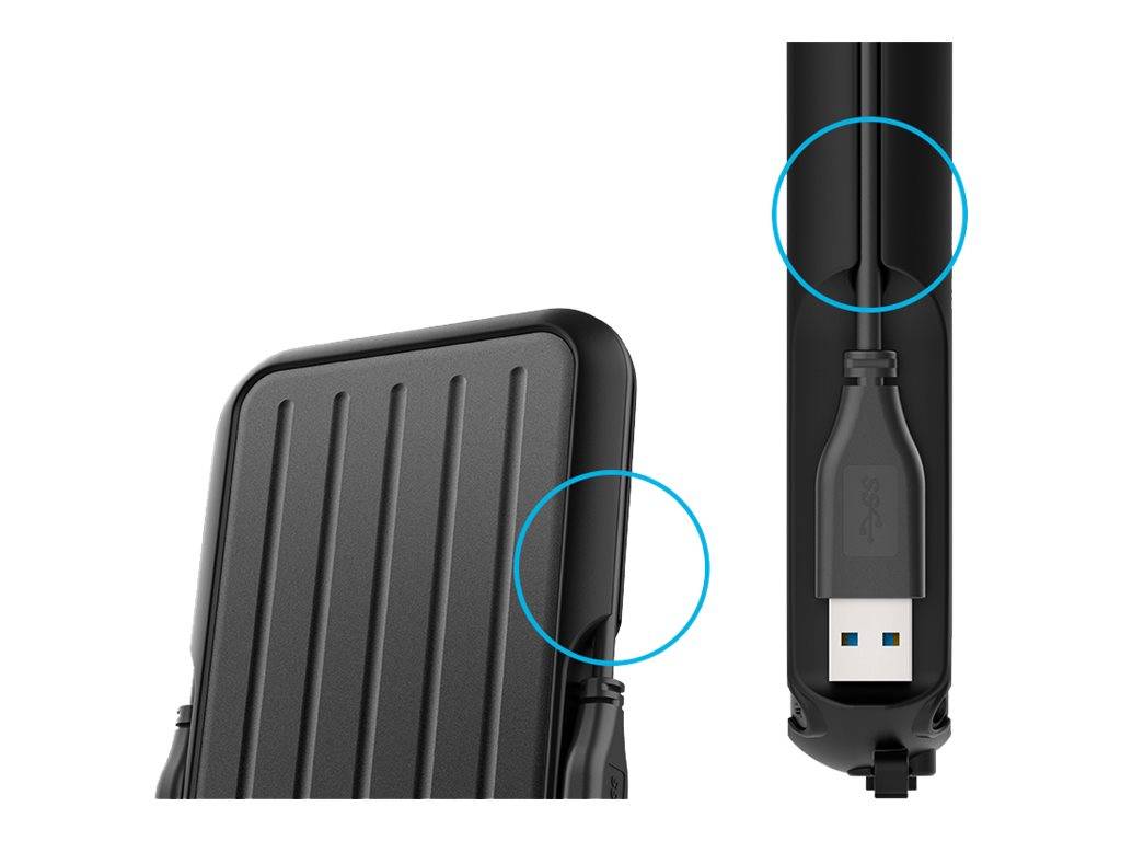 Schwarze Hard-Shell-Tasche mit integriertem verstecktem USB-Kabel; Nahaufnahme-Kreise zeigen die Kabelführung und den Speicherplatz.