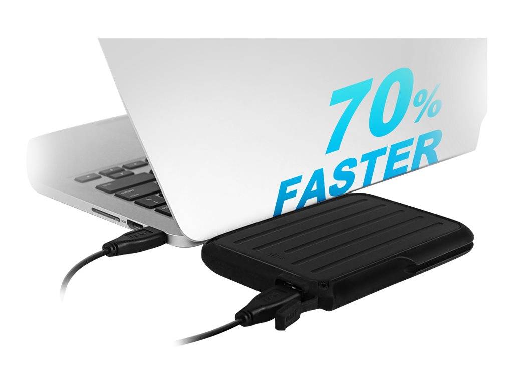 Laptop, der über ein Kabel mit einem externen Laufwerk verbunden ist, wobei auf dem Laptop-Deckel 
