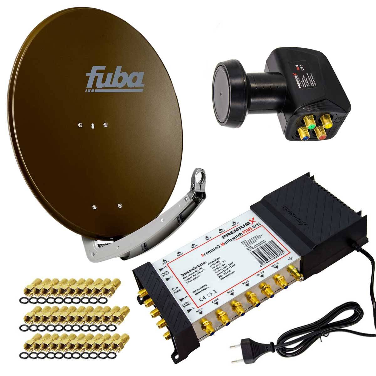 PremiumX Satelliten-Komplettanlage Fuba DAA 780 B Satellitenschüssel Alu Braun 5/12 Multischalter LNB F-Stecker, 1 SAT 12 Teilnehmer