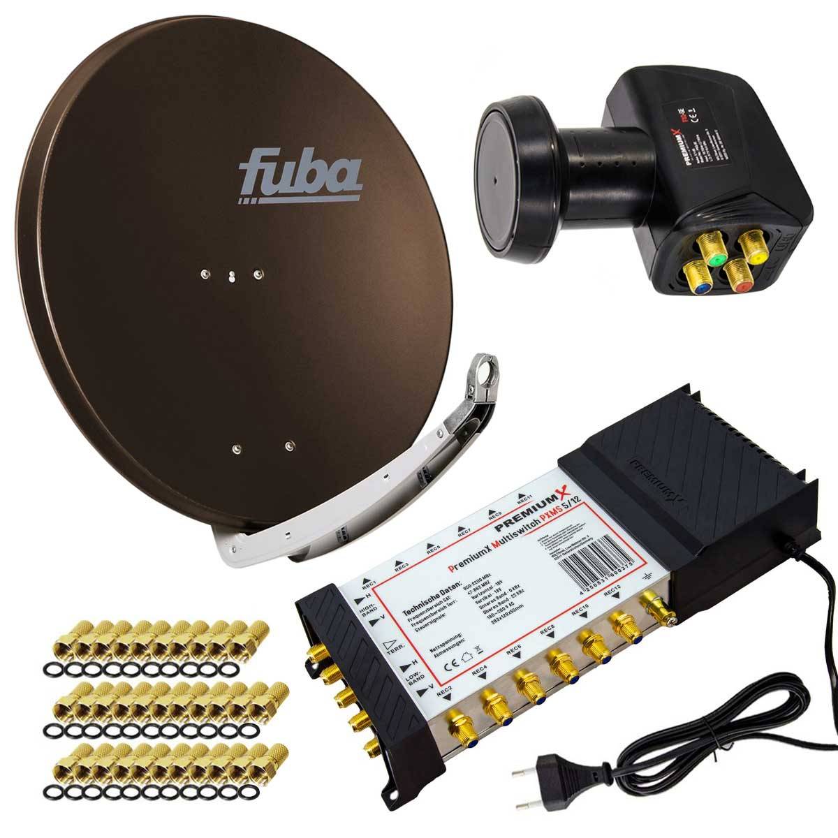 PremiumX Satelliten-Komplettanlage Fuba DAA 850 B Satellitenschüssel Alu Braun 5/12 Multischalter LNB F-Stecker, 1 SAT 12 Teilnehmer