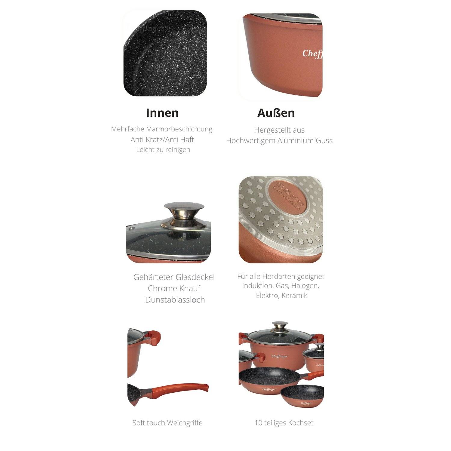 10-Teilig Kochgeschirr-Set Topf Induktion Alu Guss Pfanne Topfset Kochtopfset Marmor Copper