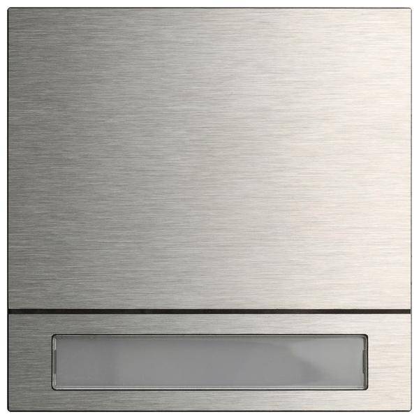 Eine Edelstahl-Lichtschalterblende mit einem rechteckigen transparenten Abschnitt am unteren Rand, wahrscheinlich zum Anzeigen von Text oder Kontrollleuchten.