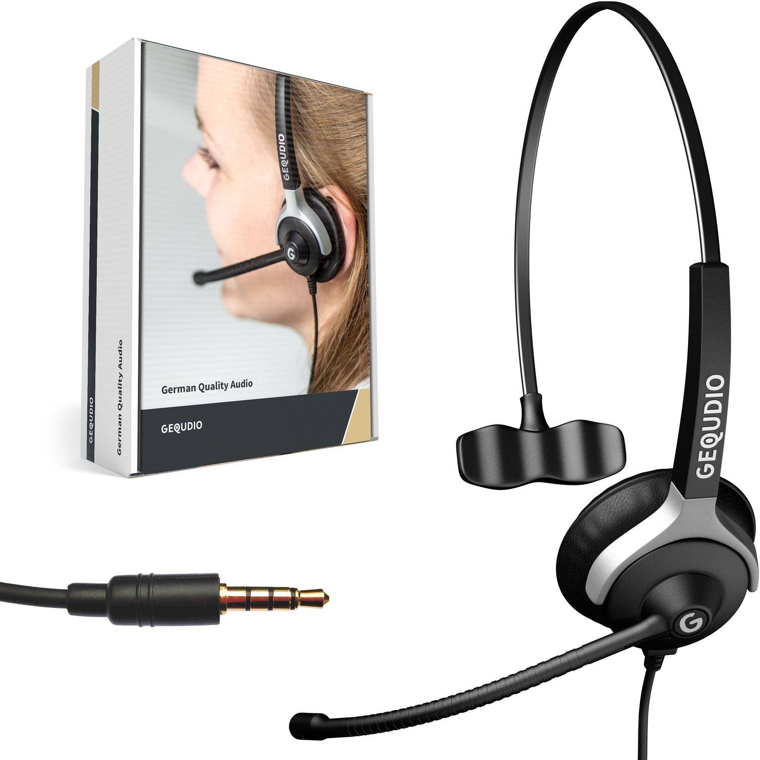 GEQUDIO Headset 1-Ohr mit 3,5mm Klinke für FritzFon C6 X6, MacBook, Smartphone, Notebook, PC, Laptop, inklusive Kabel