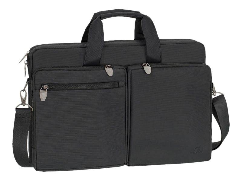 Schwarze rechteckige Laptop-Aktentasche mit Griffbügeln oben, Schultergurt und mehreren Vordertaschen mit Reißverschluss auf weißem Hintergrund.