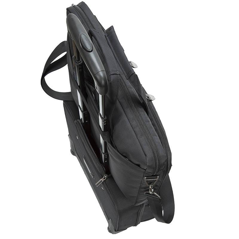Schwarze Laptoptasche in Seitenansicht mit Obergriff, Schultergurt und verschließbaren Fächern; eine Tasche ist teilweise geöffnet.