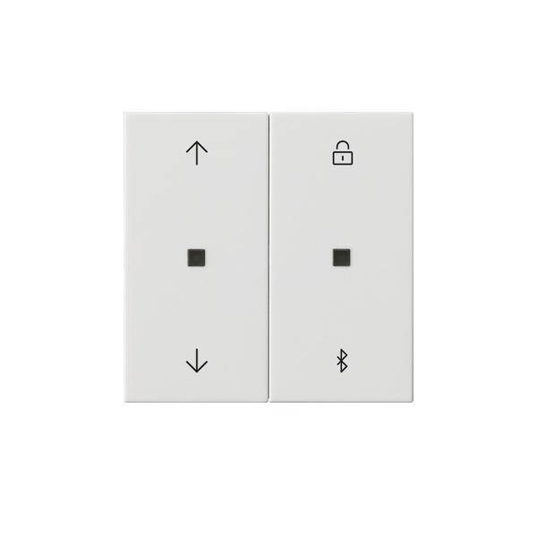 Zwei minimale weiße Tasten: links mit Pfeilen nach oben und unten, rechts mit Bluetooth-Symbol und Schloss-Symbol, möglicherweise zur Steuerung oder Konnektivität.