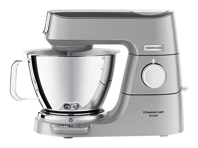 Silberner Kenwood Titanium Chef Baker Standmixer mit Edelstahlschüssel und Rührwerk auf weißem Hintergrund.