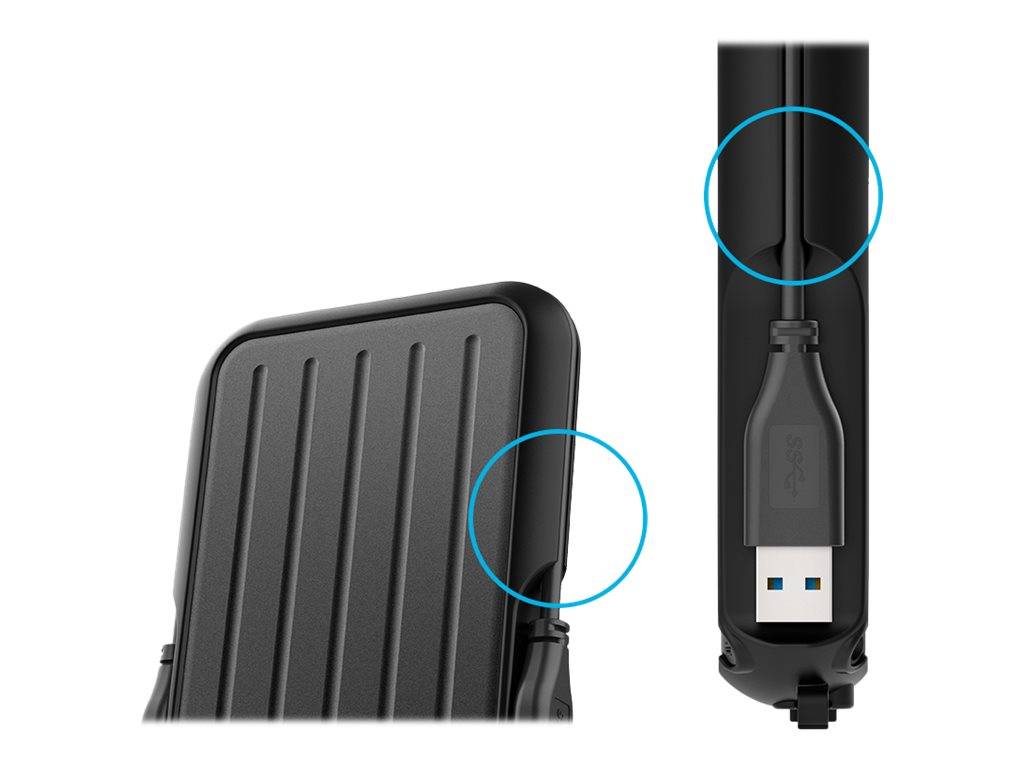 Schwarzes geripptes Schutzgehäuse in Nahaufnahme, mit Einsatzansichten, die die seitliche Öffnung und einen darin gelagerten USB-Anschluss hervorheben.