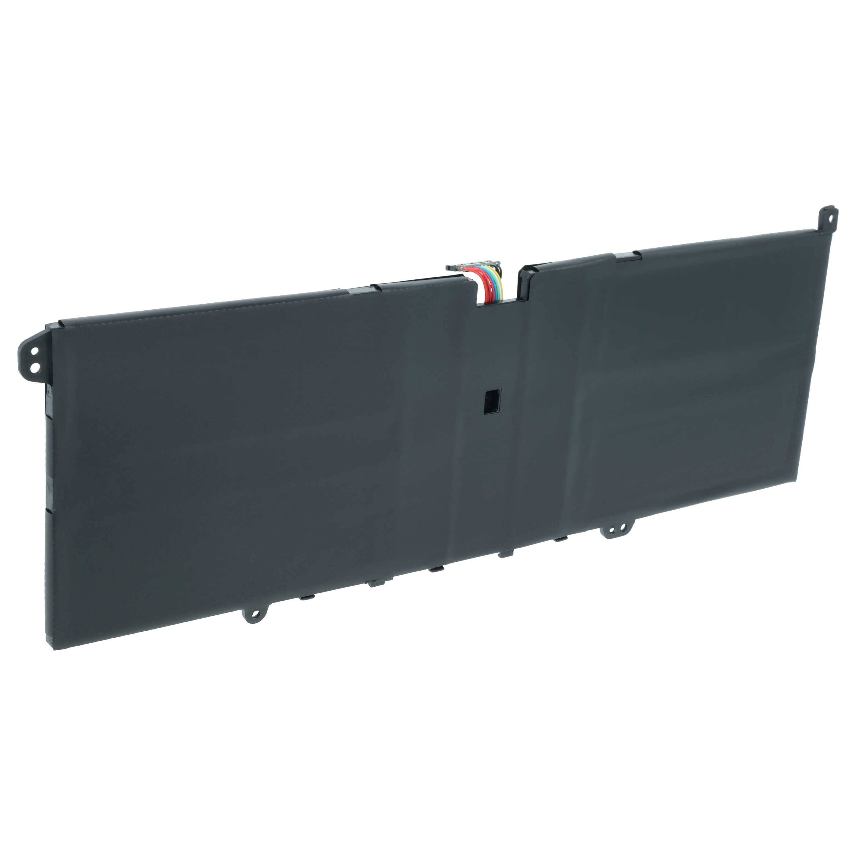 Eine rechteckige schwarze Laptop-Batterie mit farbigen Drähten oben, entworfen für die interne Installation in elektronischen Geräten.