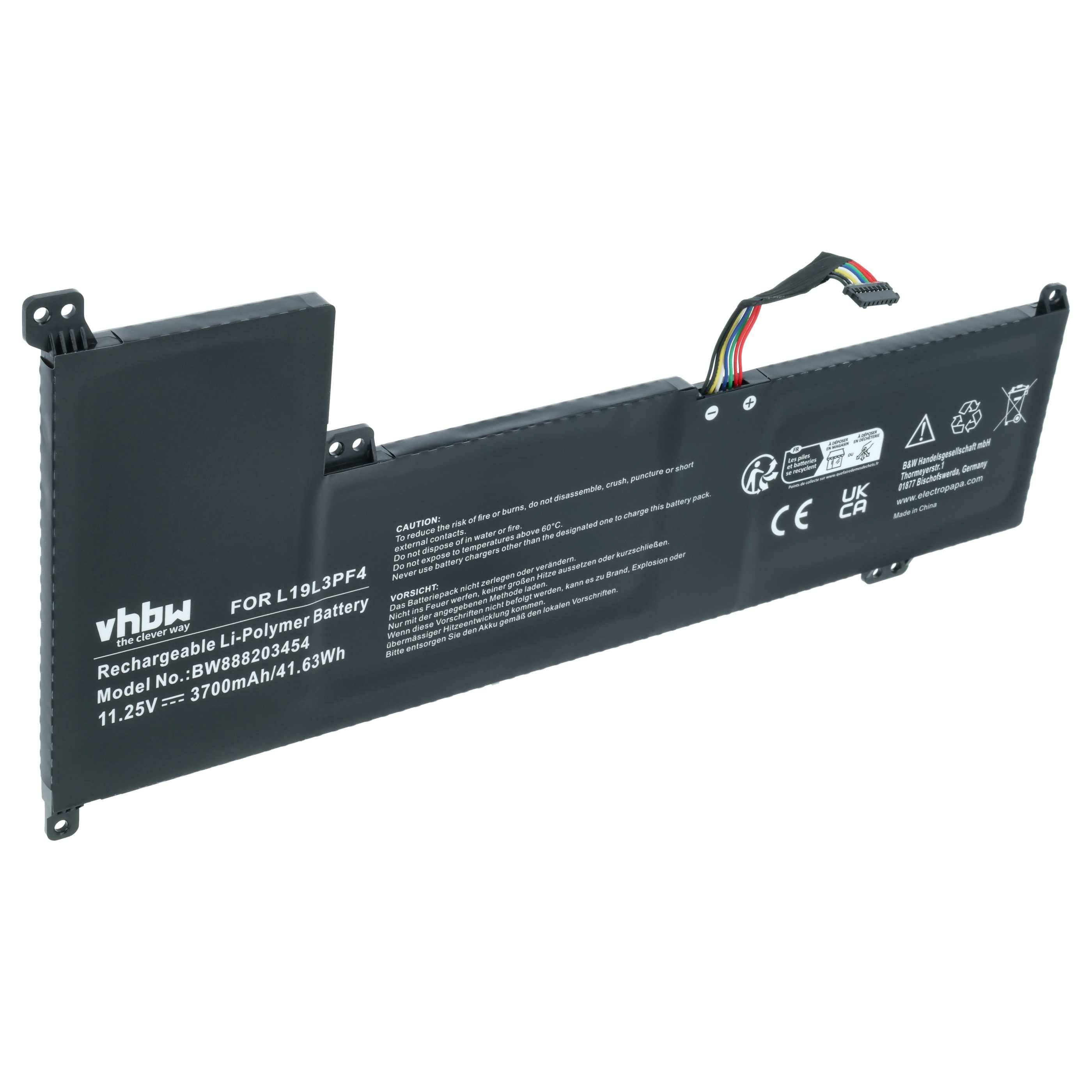 Schwarzes wiederaufladbares Lithium-Polymer-Laptop-Akkupack mit Anschlusskabel und Befestigungslaschen, beschriftet mit 11,25V 3700mAh 41,63Wh.