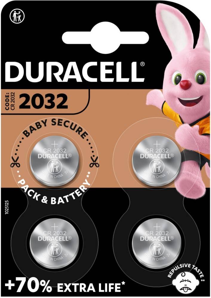 Duracell CR2032 Batterien in kindersicherer Verpackung, mit einem rosa Hasen-Maskottchen auf der rechten Seite, was langanhaltende Leistung signalisiert.
