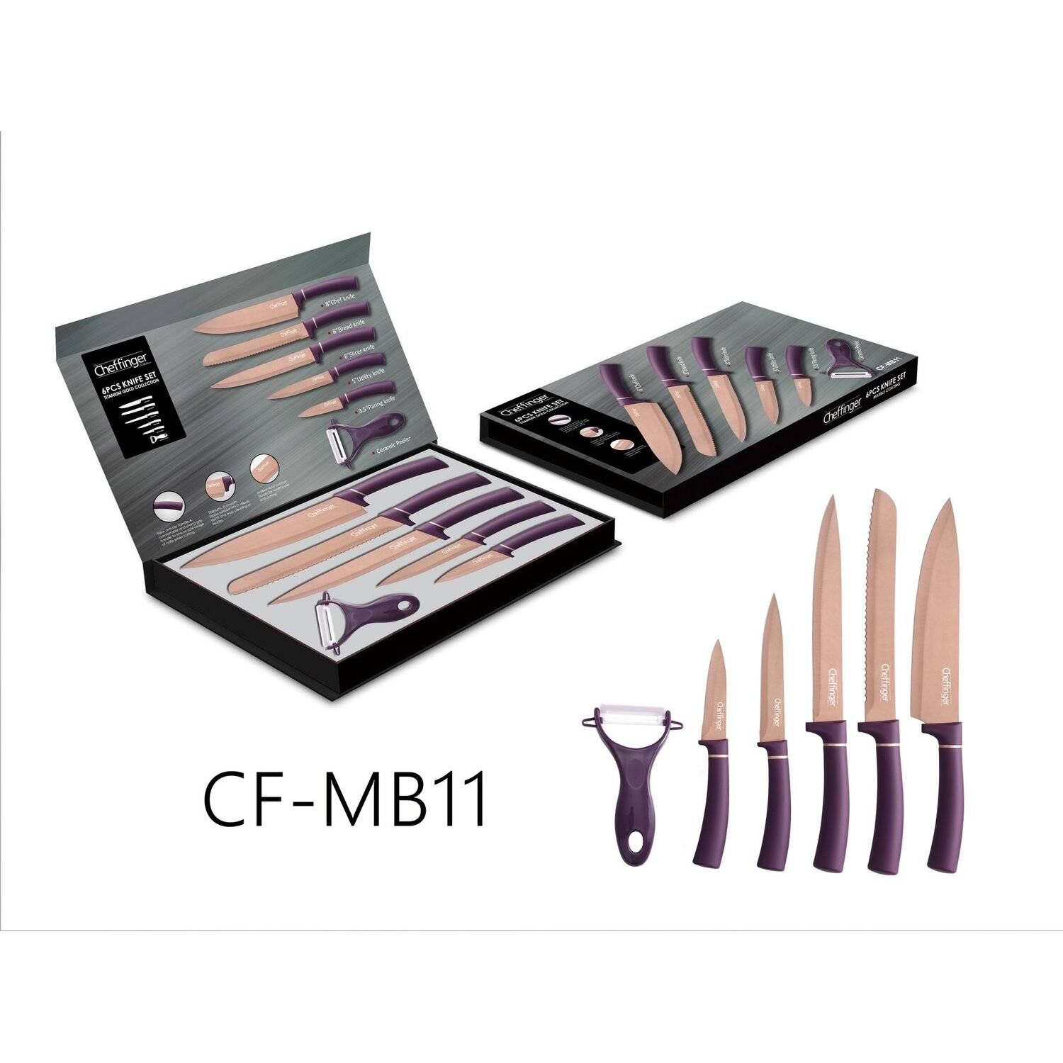 6 teiliges Messerset Lila Gold Edtition (5 Messer & 1 Sparschäler) Edelstahl in Klappbox mit Magnetverschluss Motiv 2