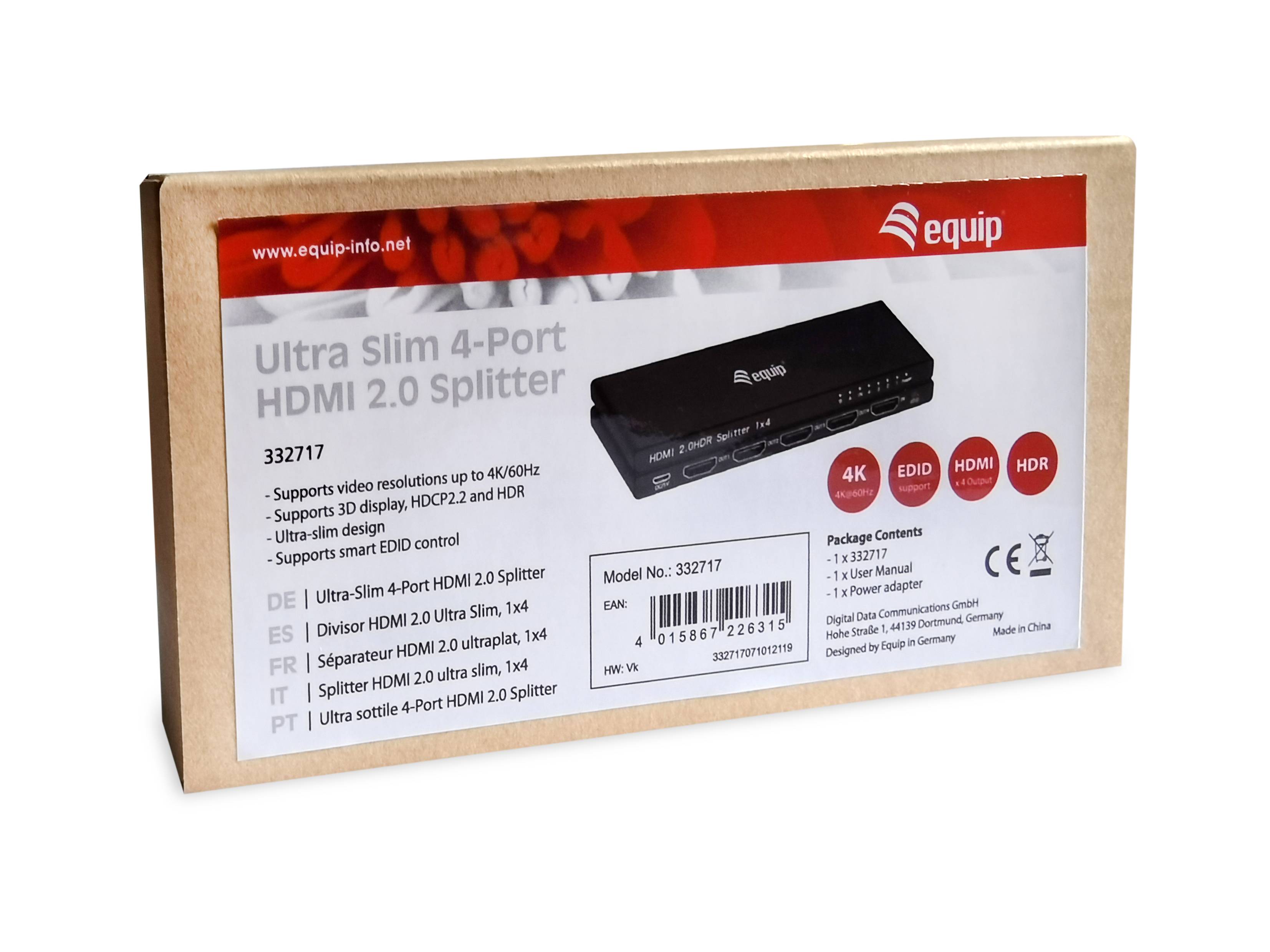 Equip Ultra-Slim 4-Port HDMI 2.0 Splitter - HDMI - 4x HDMI - 3840 x 2160 Pixel - Schwarz - Aluminium - 4K Ultra HD